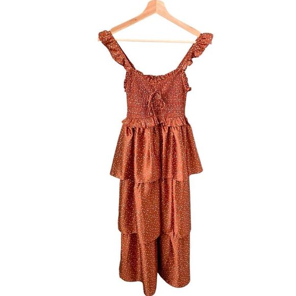 Storia Smocked Tiered Maternity Rust Polka Dot Midi Dress in Size Small - Picture 6 of 14